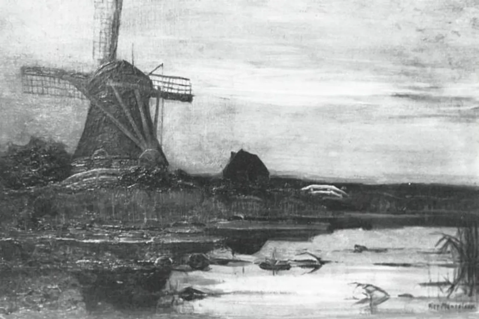 Oostzijdse mill from downstream with evenly streaked sky, Piet Mondrian