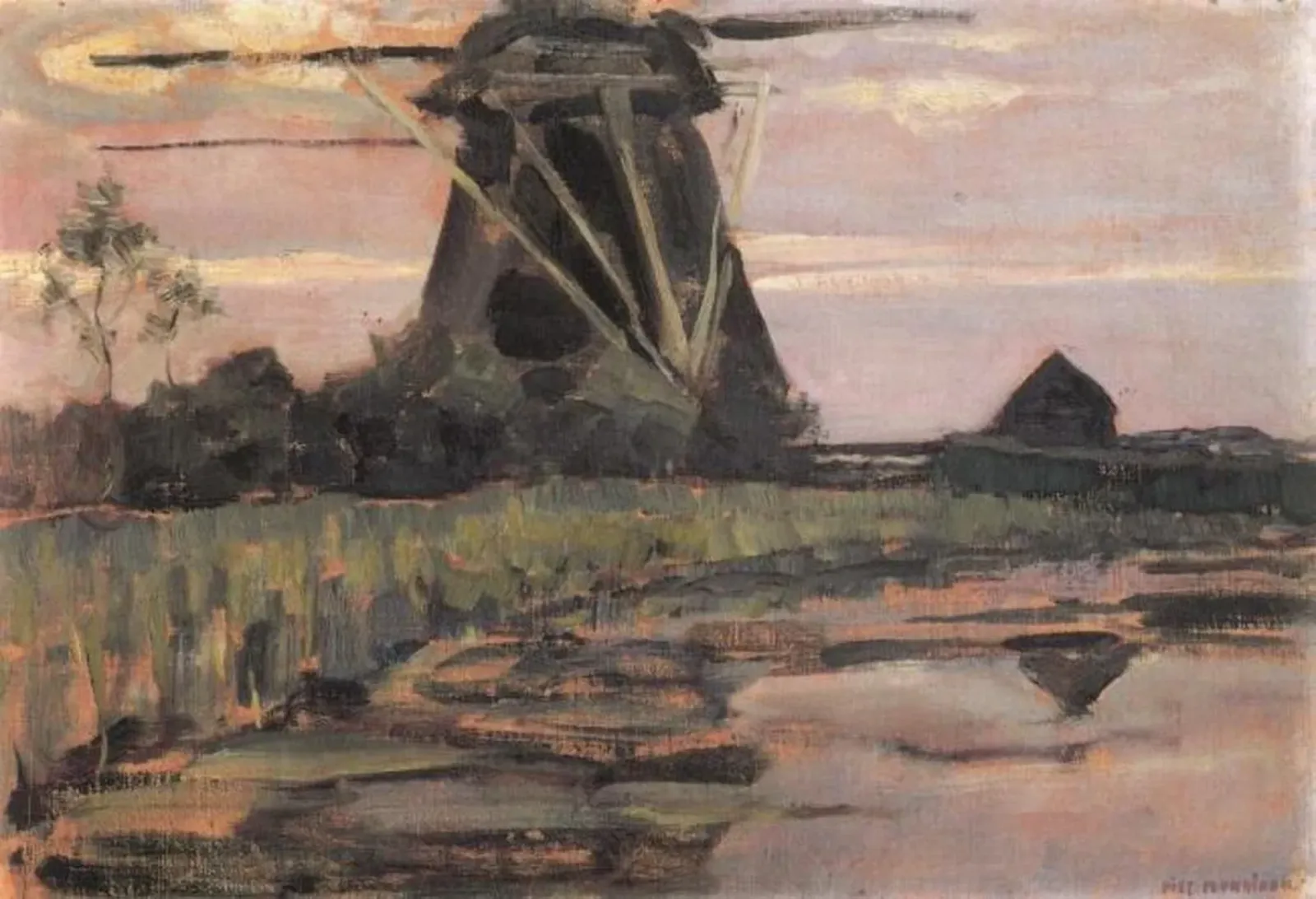 Oostzijdse mill viewed from downstream with streaked pinkish-blue sky, Piet Mondrian