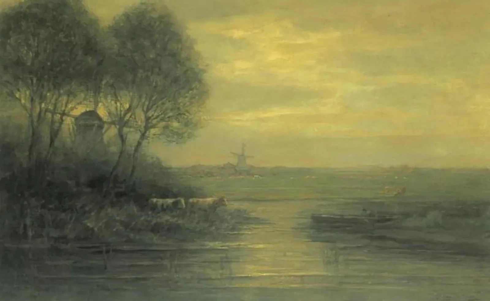 Coucher de soleil panoramique avec deux moulins à vent, Piet Mondrian