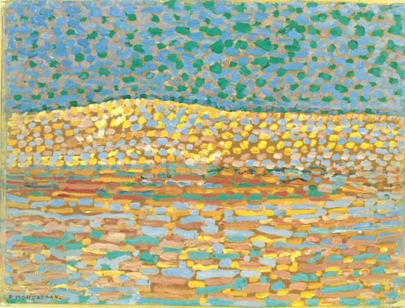 Pointillist dune study, crest at left, Piet Mondrian