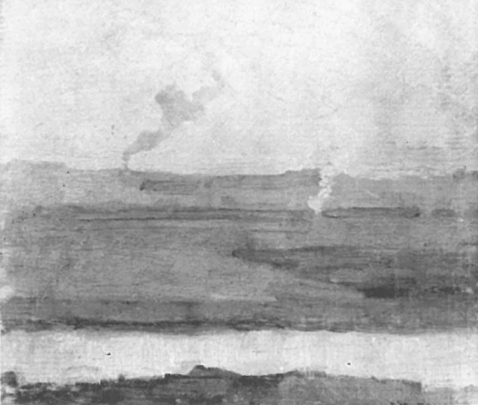 Polder landscape, smoke rising in background, Piet Mondrian