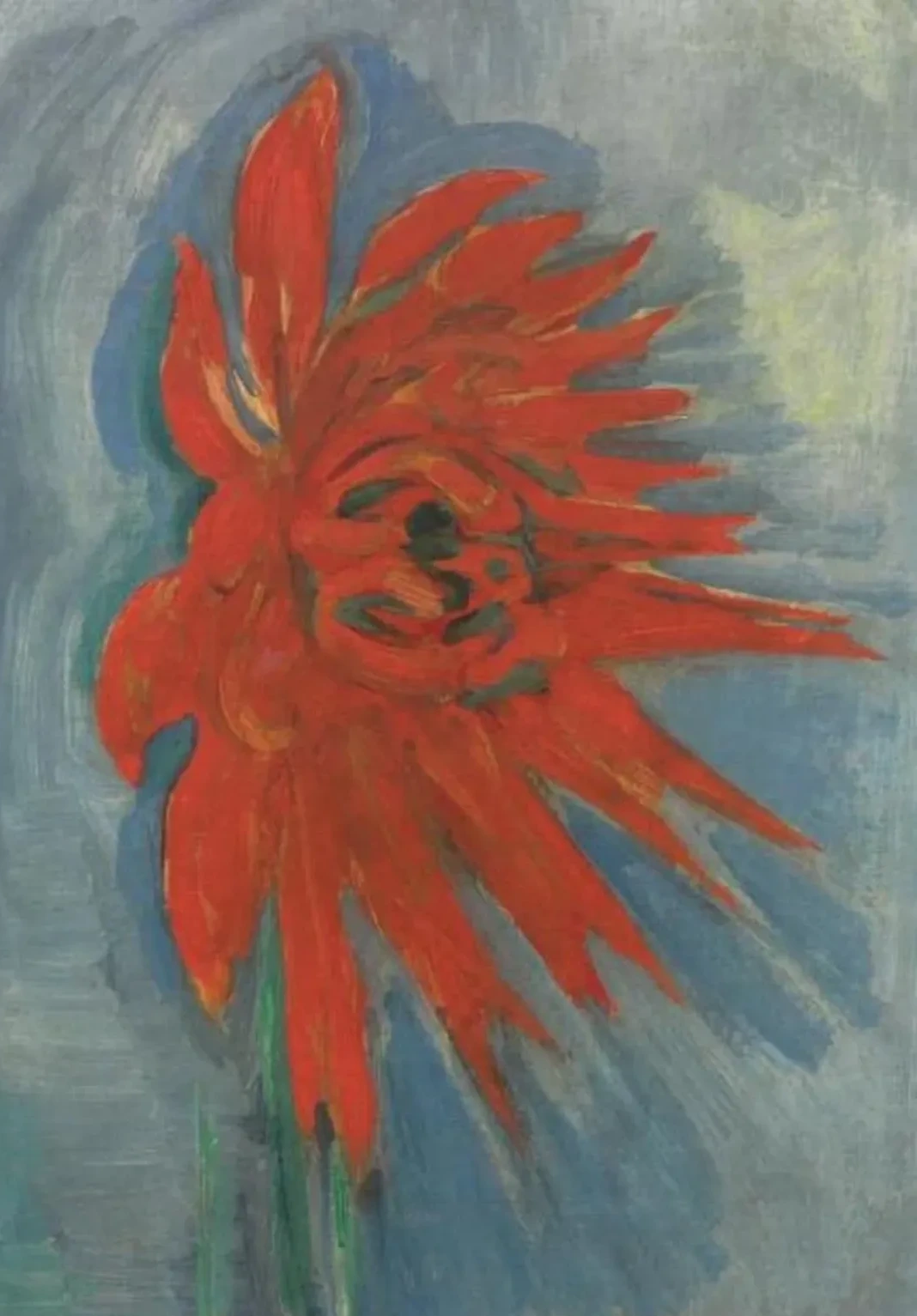 Red chrysanthemum on blue background, Piet Mondrian