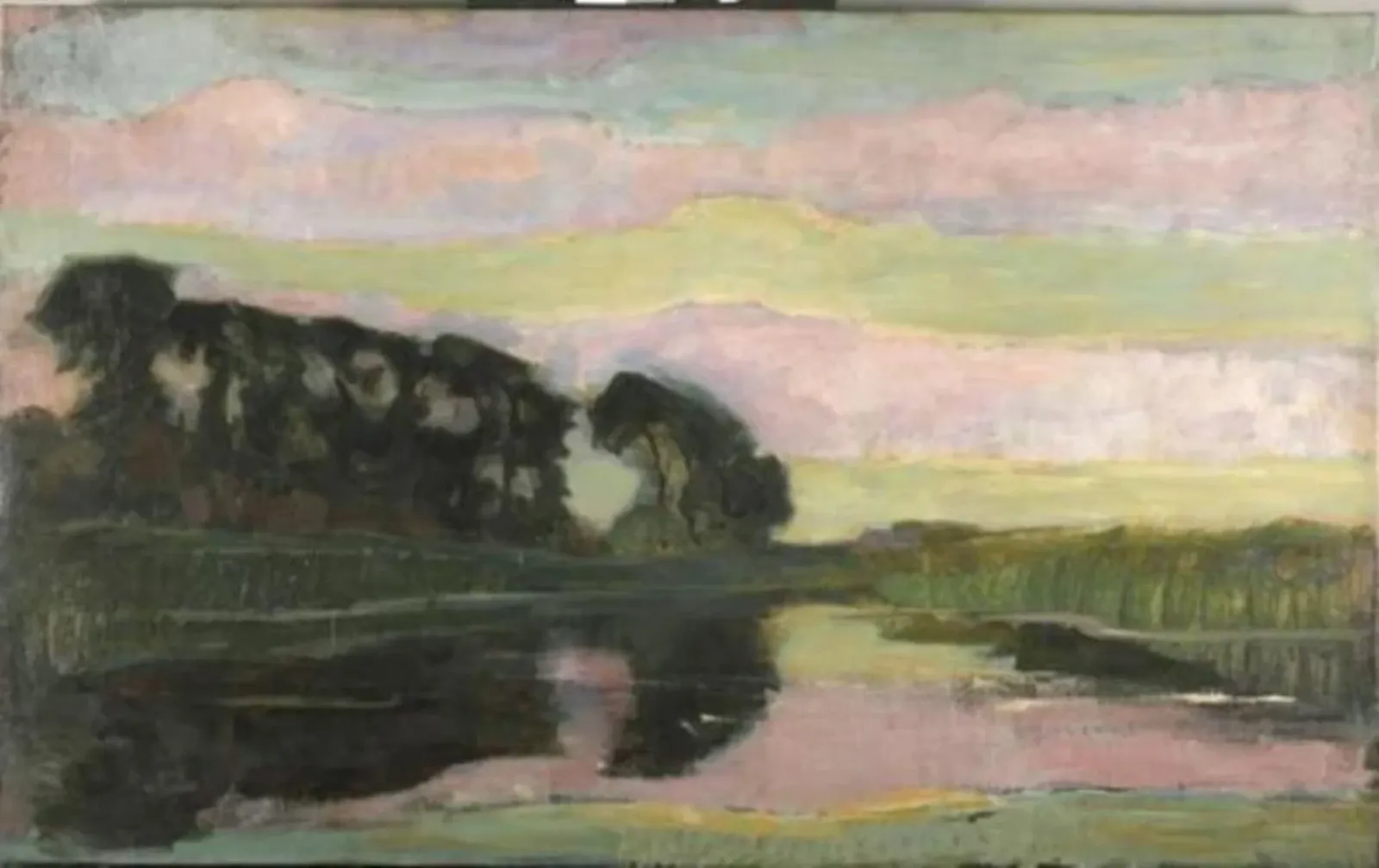 Riverscape with row of trees at left, sky with pink and yellow-green bands: farmstead on the Gein screened by tall trees, Piet Mondrian