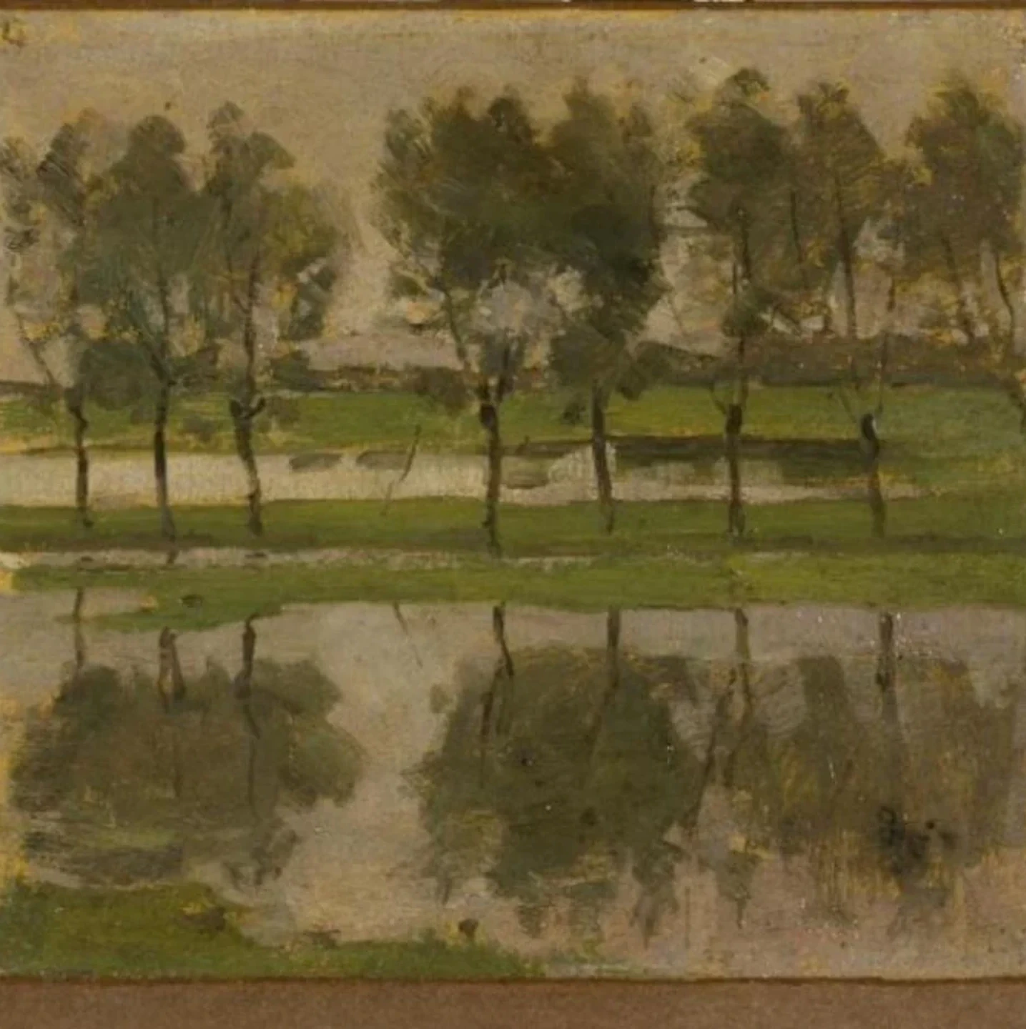 Row of eight young willows reflected in the water, Piet Mondrian