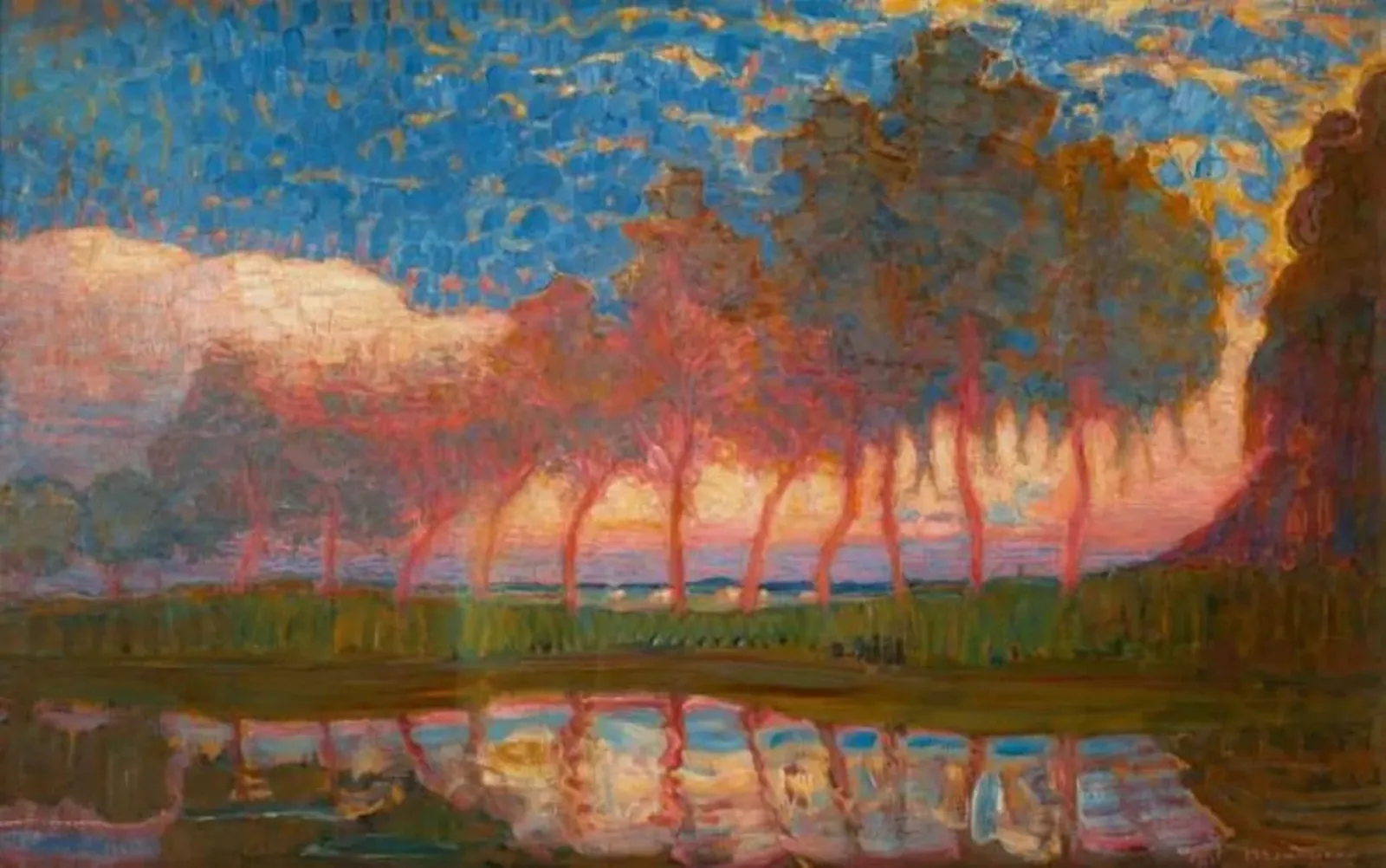 Row of eleven poplars in red, yellow, blue and green, Piet Mondrian