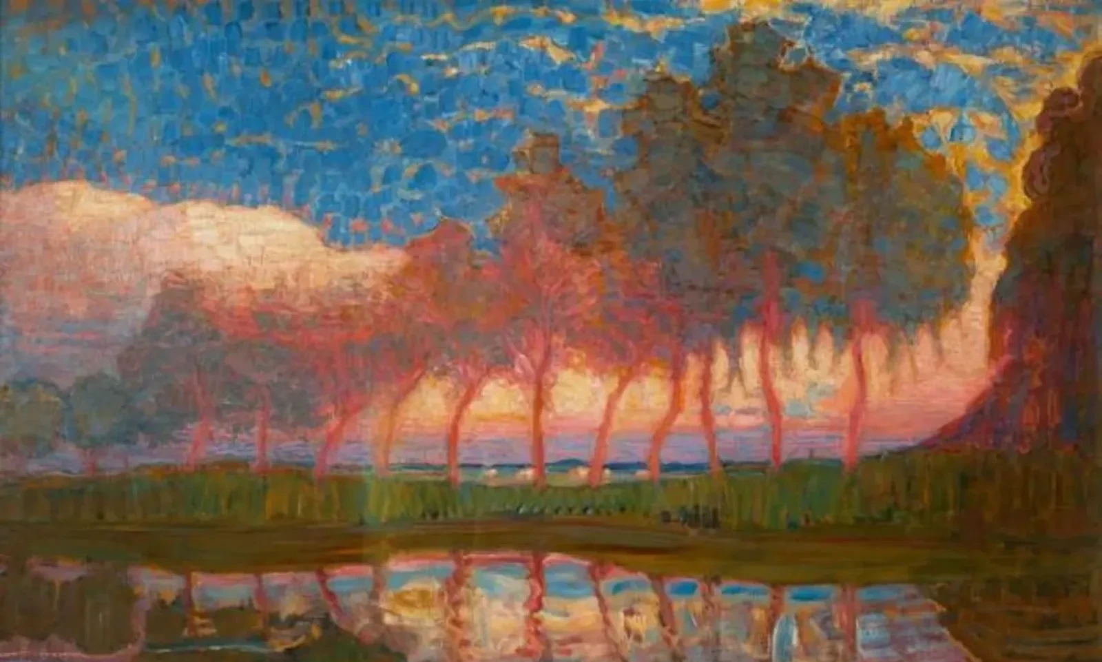 Row of eleven poplars in red, yellow, blue and green, Piet Mondrian