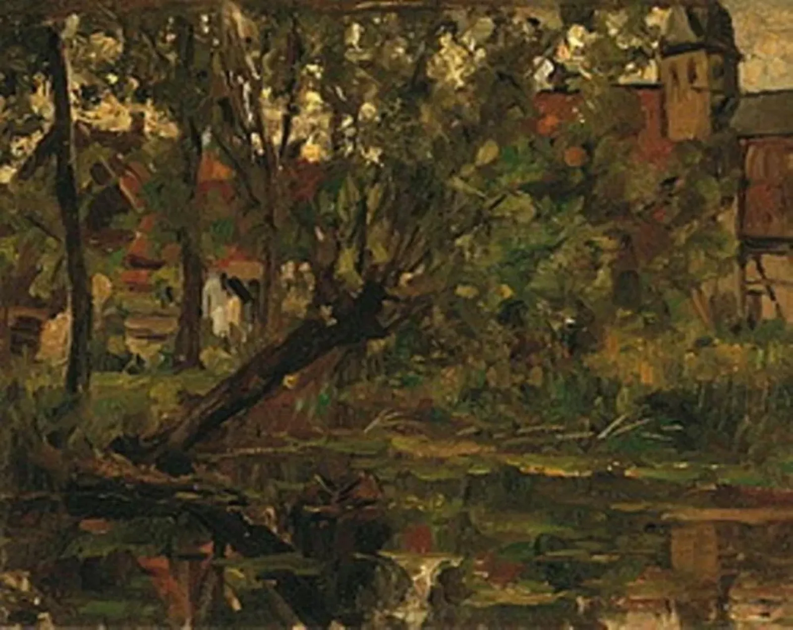 Saule suspendu au-dessus de l'eau devant une ferme et une église, Piet Mondrian