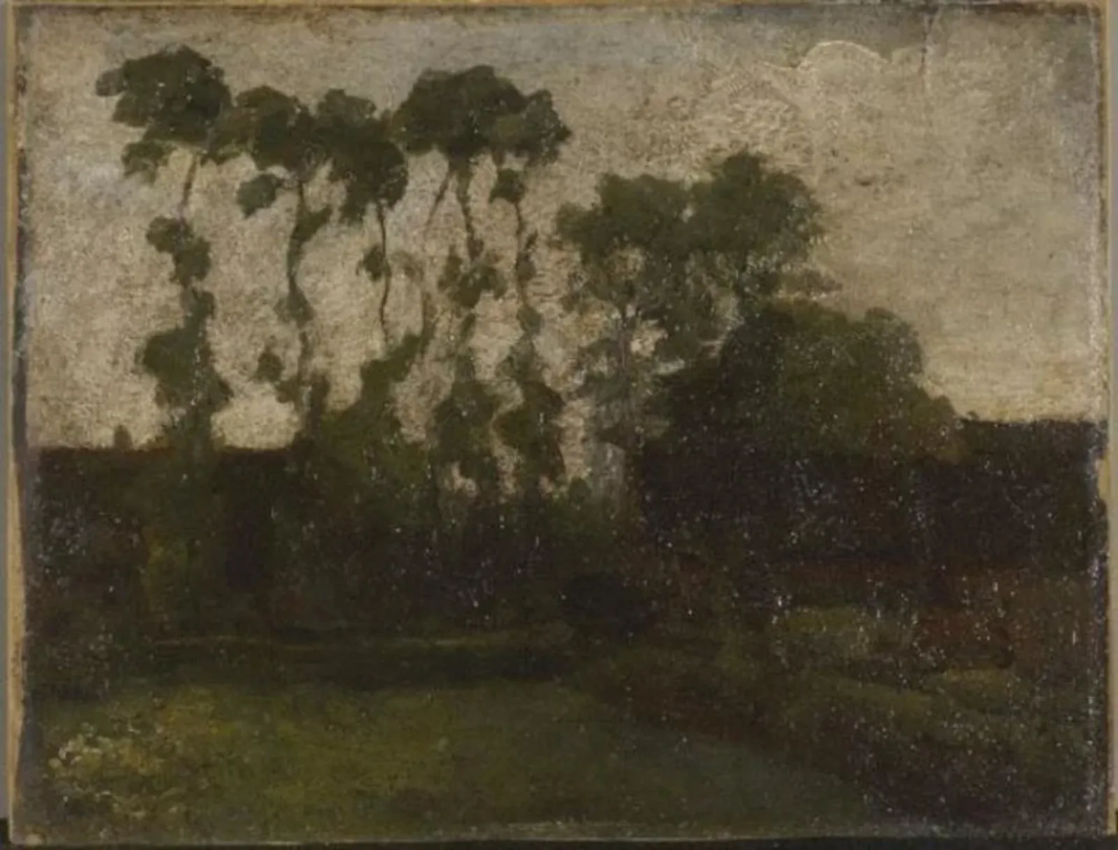 Sheltered farmhouse with tall manicured trees at left, Piet Mondrian