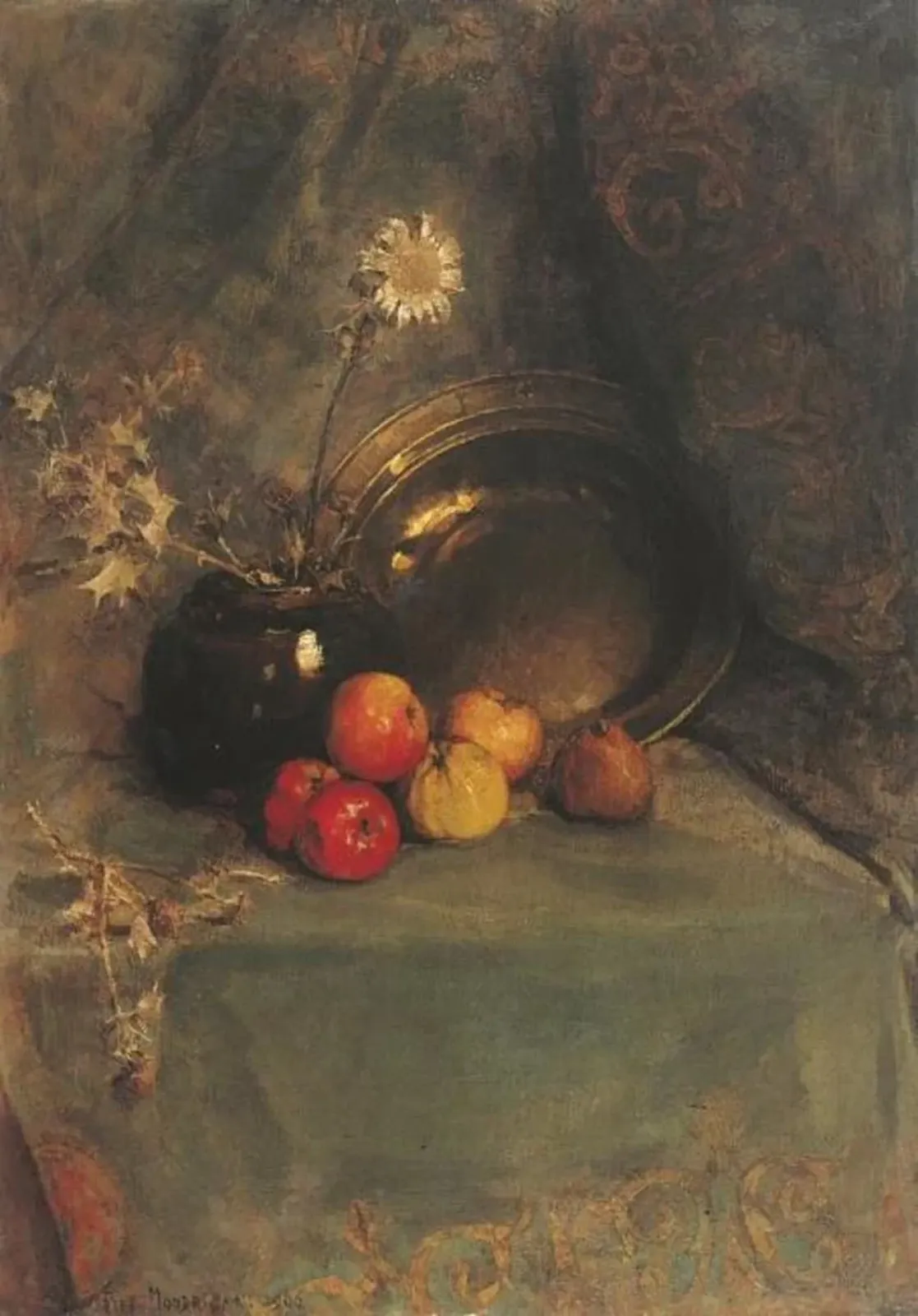 Still life: apples, pot with flowers and metal pan, Piet Mondrian
