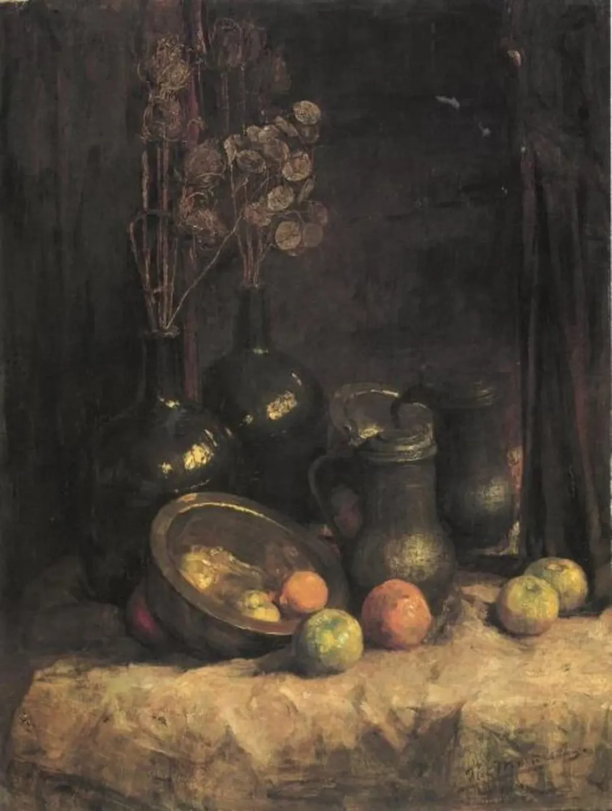 Still life with mirror, containers, honesty and fruit, Piet Mondrian