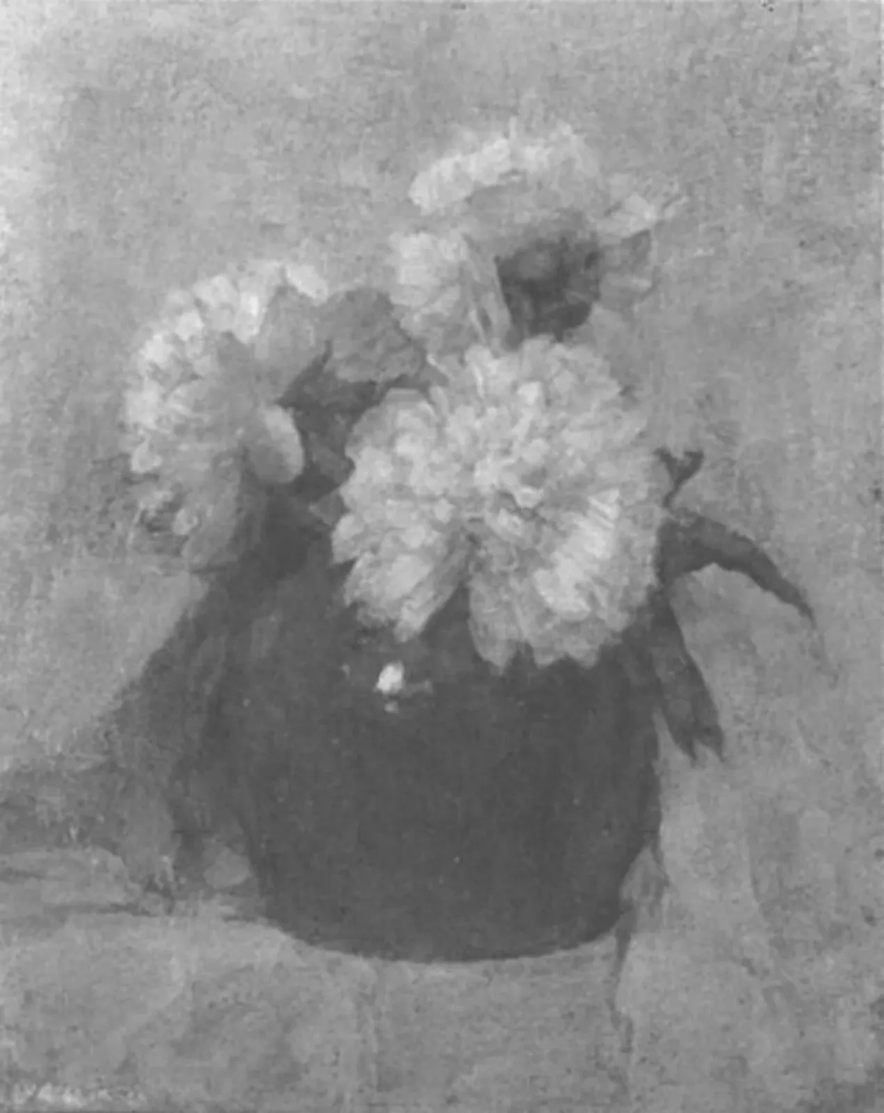 Three chrysanthemum blossoms in a round pot, Piet Mondrian