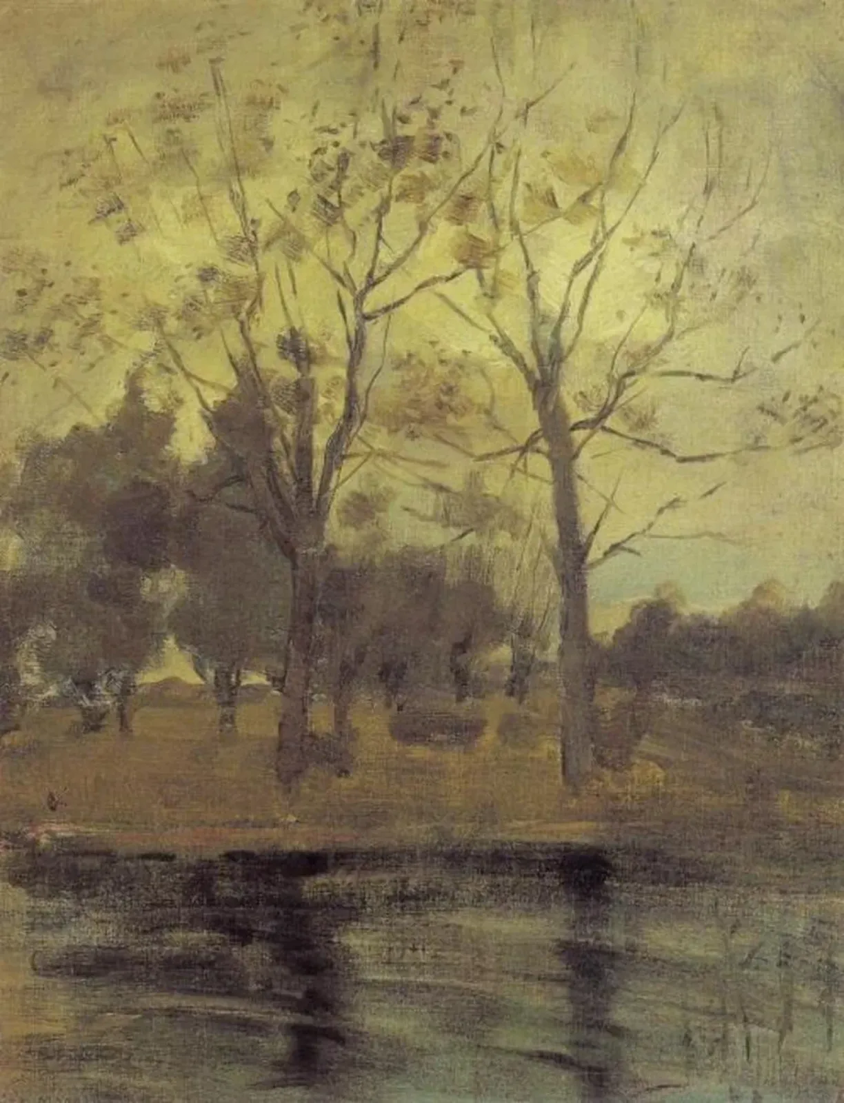 Two trees silhouetted behind a water course, Piet Mondrian