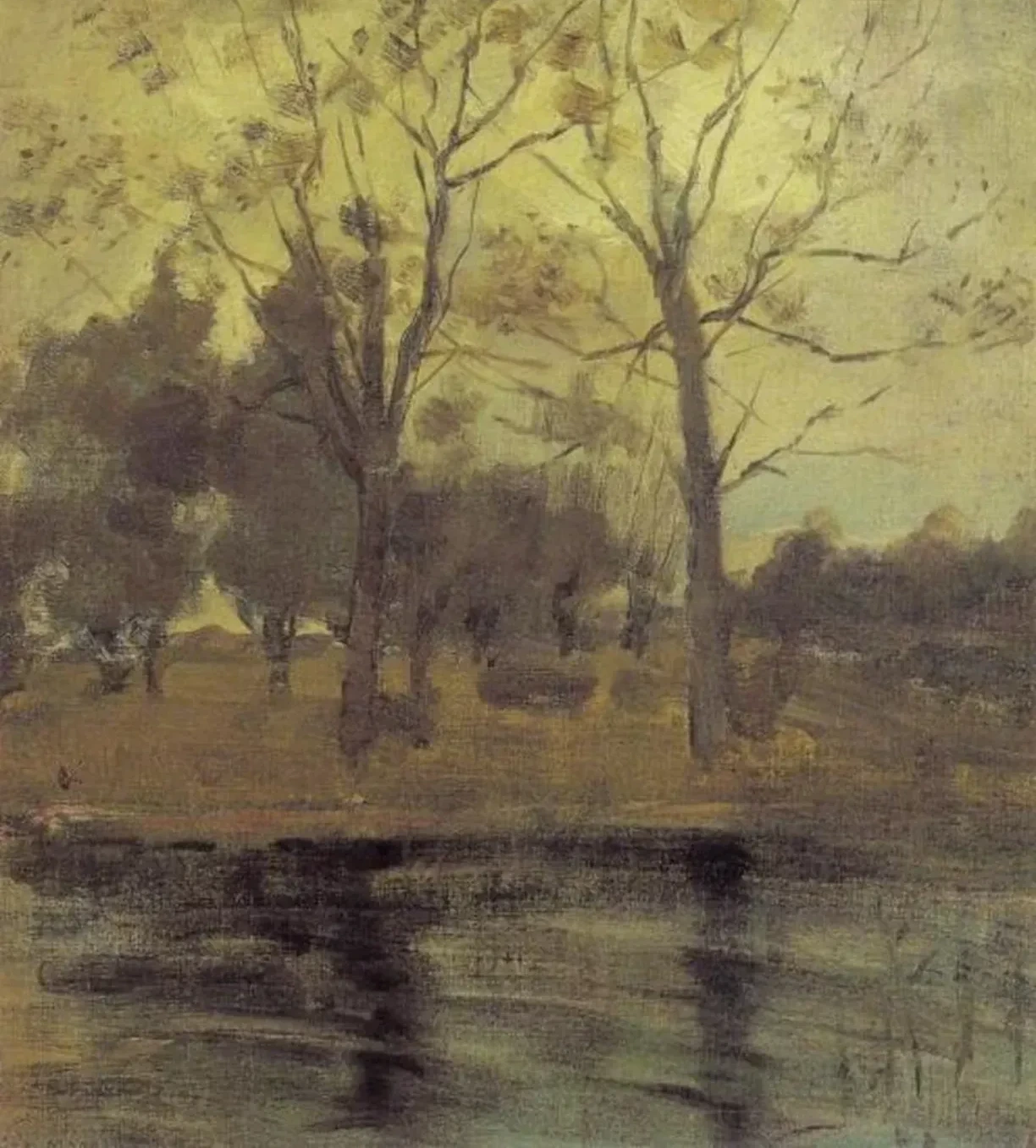 Two trees silhouetted behind a water course, Piet Mondrian