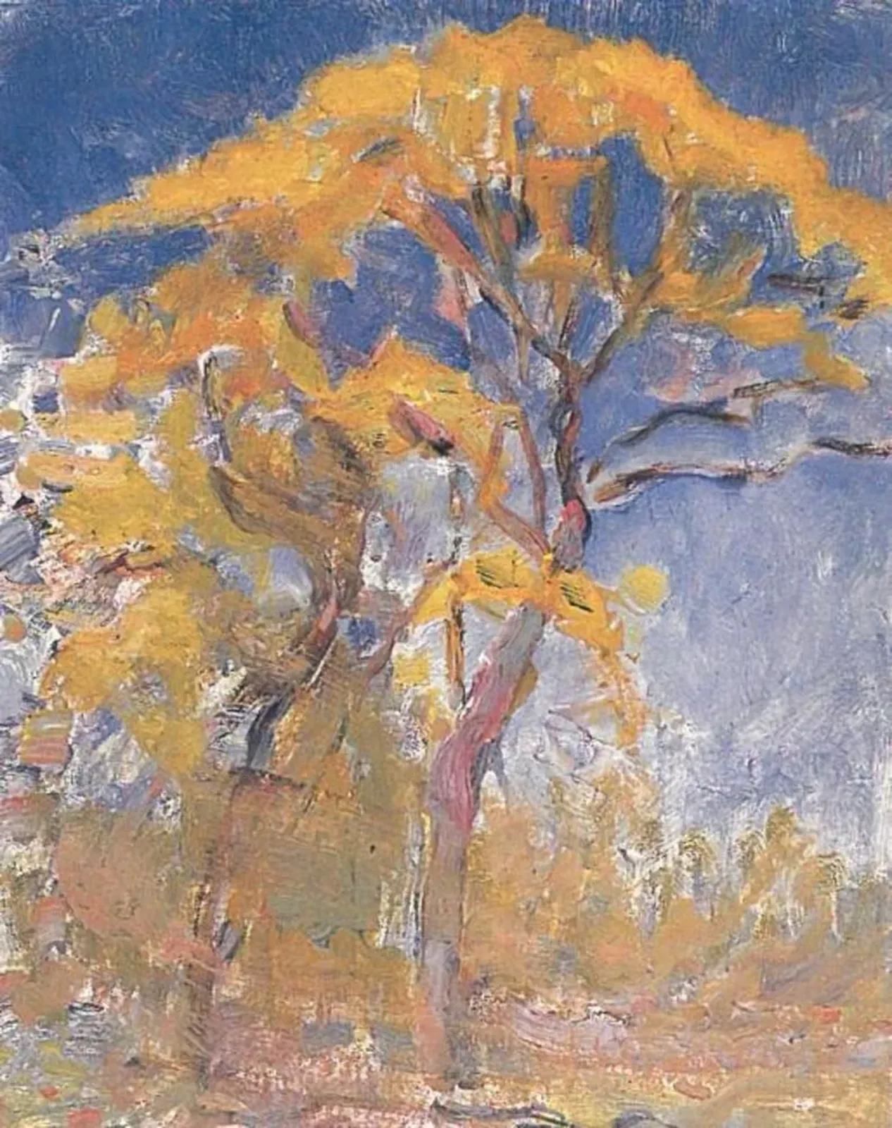 Two trees with orange foliage against blue sky, Piet Mondrian