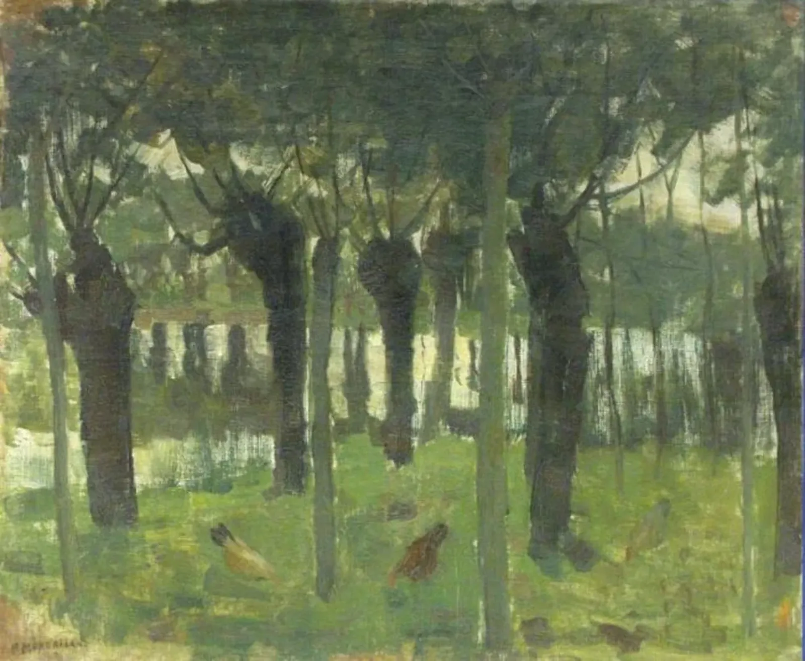 Willow grove near the water with chickens, Piet Mondrian