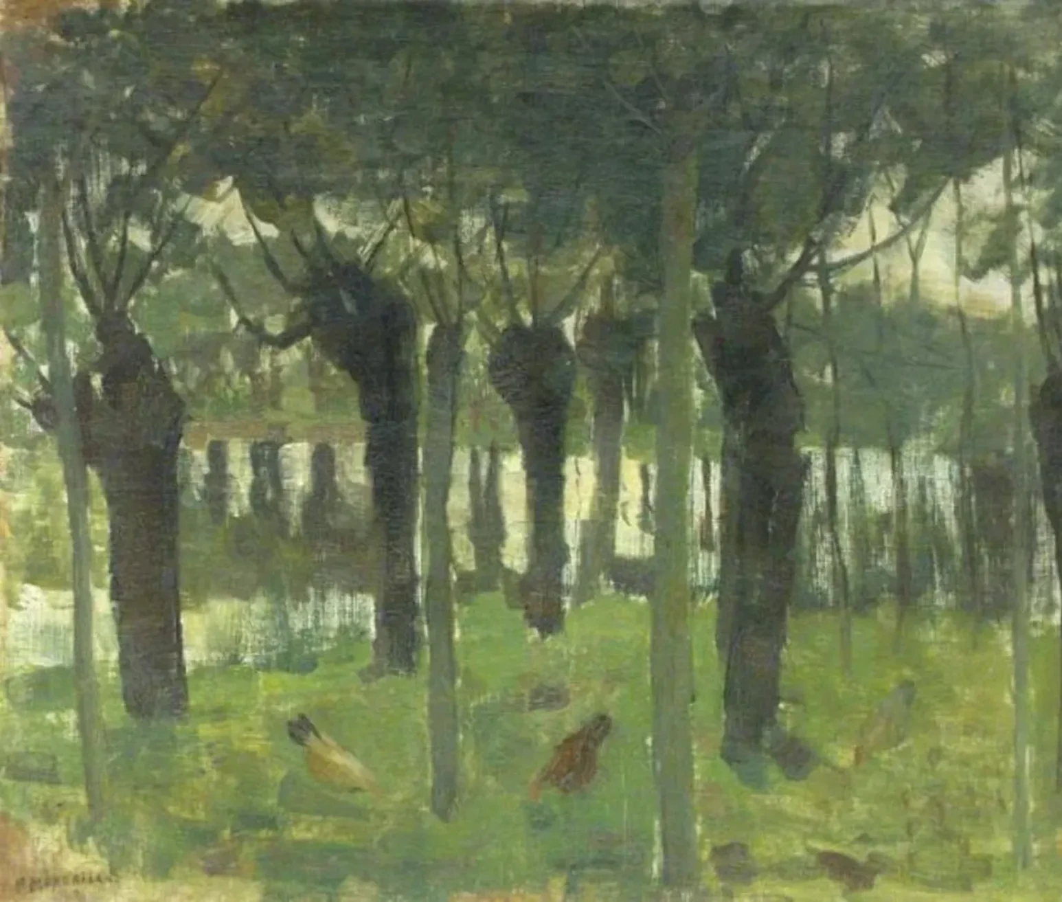 Willow grove near the water with chickens, Piet Mondrian