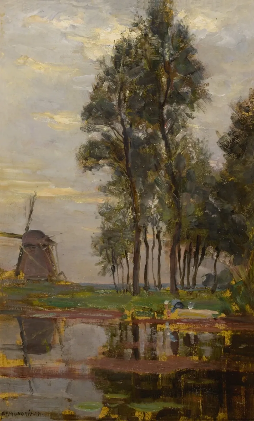 Windmill near tall trees with woman at the wash stoop, Piet Mondrian