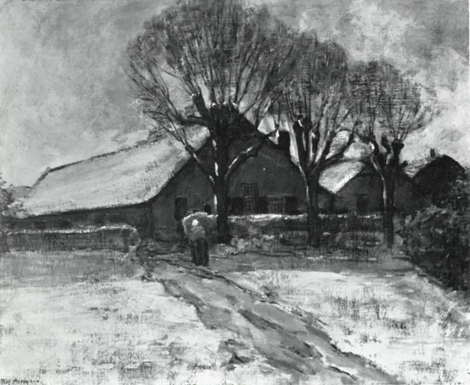 Winter landscape with three farm buildings, Piet Mondrian