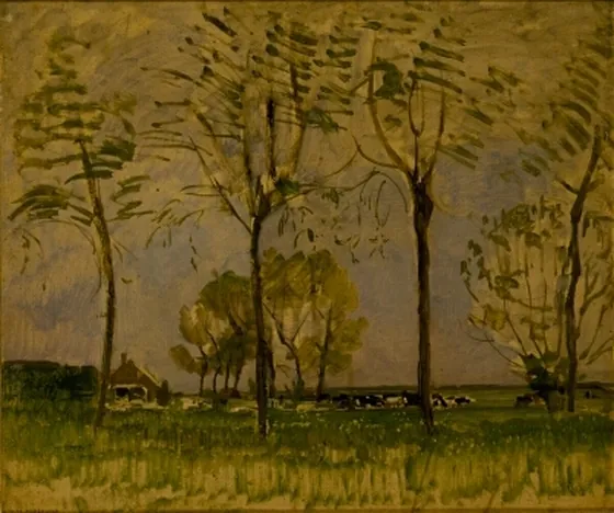 Farm Setting, Four Tall Trees in the Foreground I