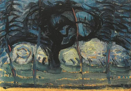 Apple tree in blue with wavy lines I