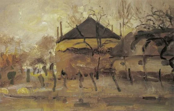 Barn and haystack behind row of willows