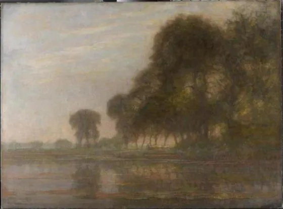 Bend in the Gein with poplars, three isolated, and farm woman with cows