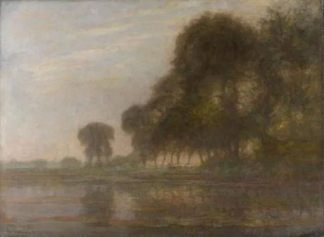 Meandro del Gein con álamos, tres aislados, y campesina con vacas