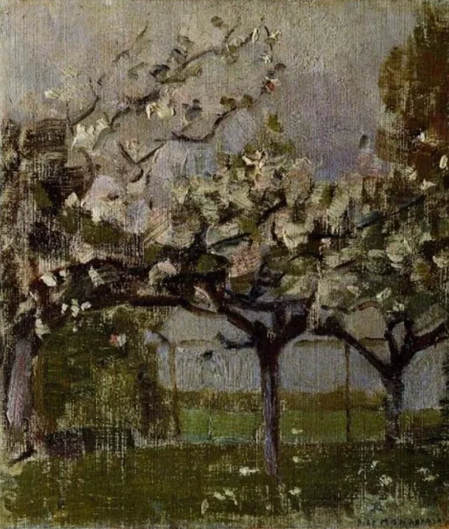 Árboles en flor ante un almiar