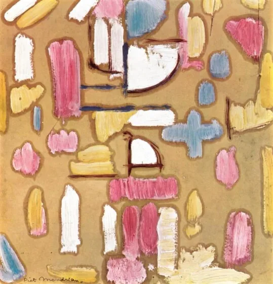 Color study with pink, blue, yellow and white