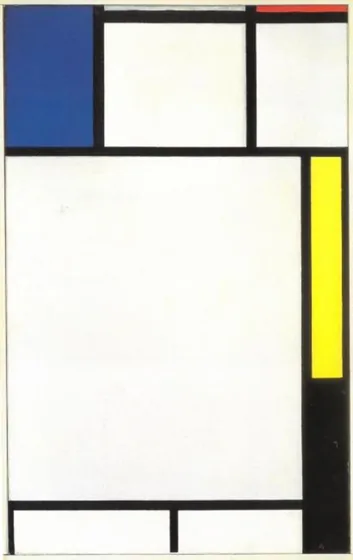 Composition avec bleu, rouge, jaune et noir