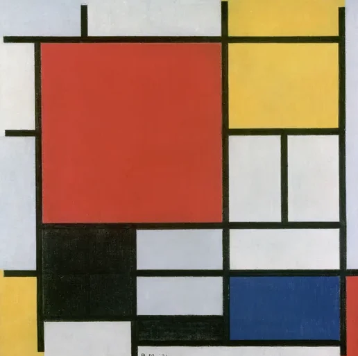Composition avec grand plan rouge, jaune, noir, gris et bleu