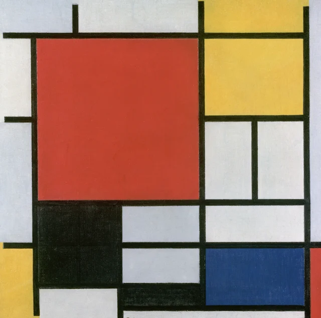 Composición con gran plano rojo, amarillo, negro, gris y azul, Piet Mondrian