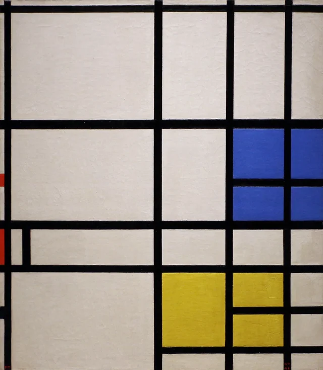 Composición n.º 11, 1940-42, Londres, con azul, rojo y amarillo