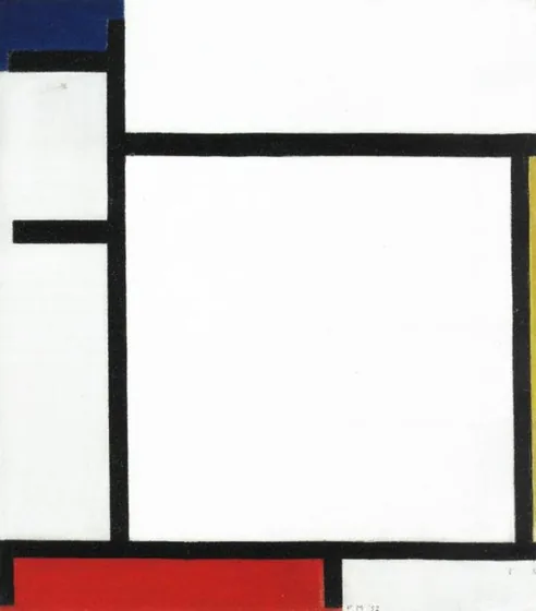 Composition with blue, yellow, red and gray