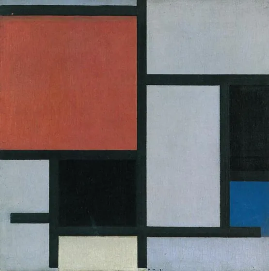 Composition with large red plane, black, blue, yellow and gray