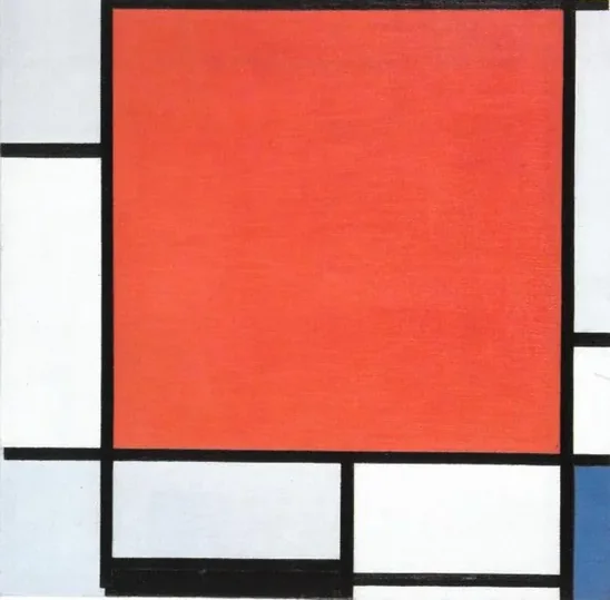 Composition with large red plane, bluish gray, yellow, black, and blue