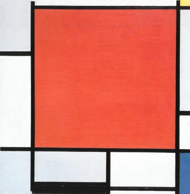 Composición con gran plano rojo, gris azulado, amarillo, negro y azul