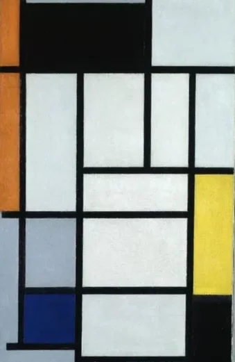 Composition with red, black, yellow, blue and grey
