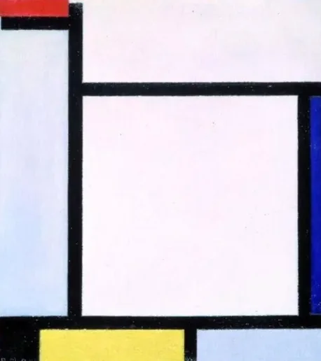 Composition with red, blue, black, yellow and grey