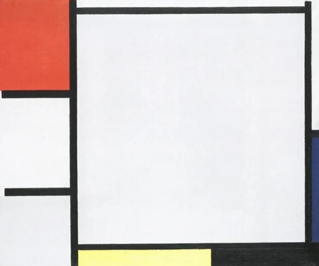 Composición con rojo, azul, amarillo, negro y gris
