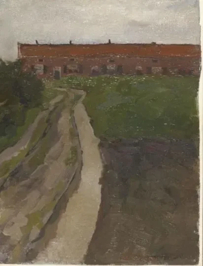 Country lane with row of workers' houses