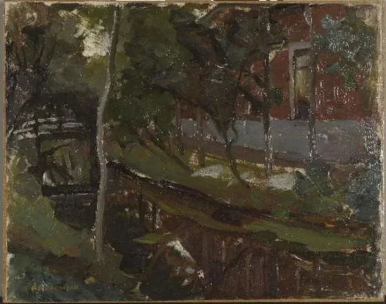 Curved canal with farm building at right