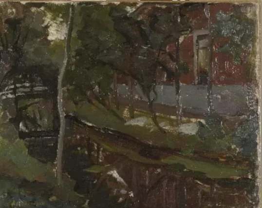 Curved canal with farm building at right