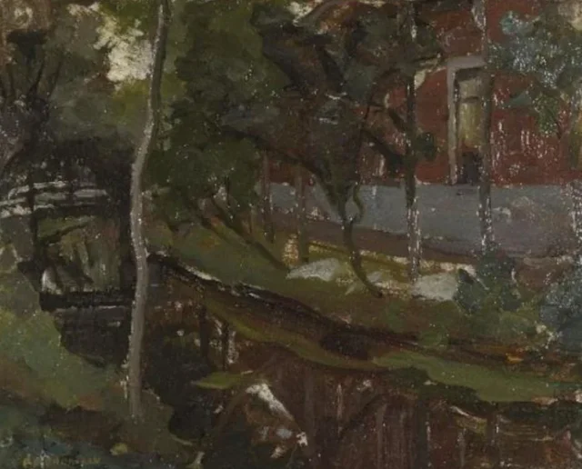 Canal curvo con edificio de granja a la derecha