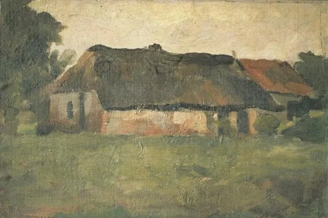 Edificio de granja en el Gooi, visto desde un campo