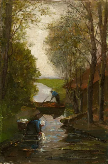 Farm building near irrigation ditch with farmer at work and woman doing the laundry