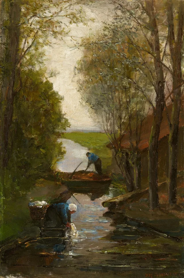 Edificio de granja cerca de una acequia de riego con campesino trabajando y mujer haciendo la colada, Piet Mondrian