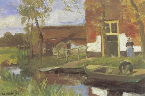 Farm buildings near a canal with small boat