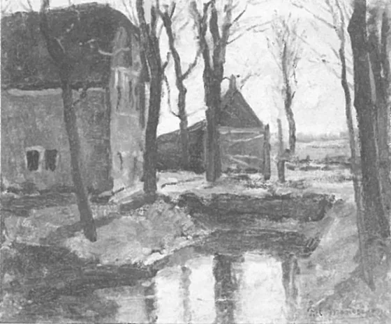 Farm buildings with trees and water ditch