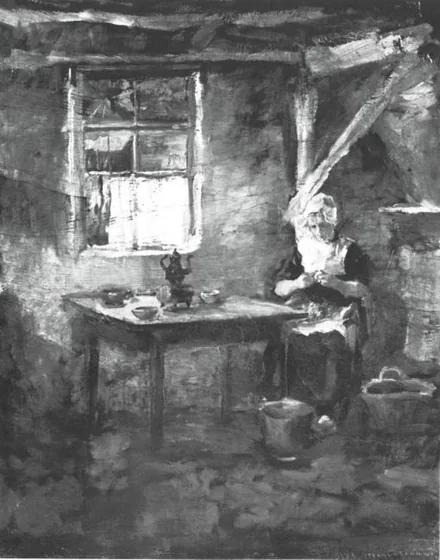 Farm interior with woman peeling potatoes